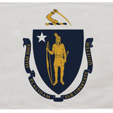 Massachusetts State Flag 3' x 5' Printed Nylon featuring a blue and yellow emblem with a man holding a spear; includes brass grommets for outdoor use.