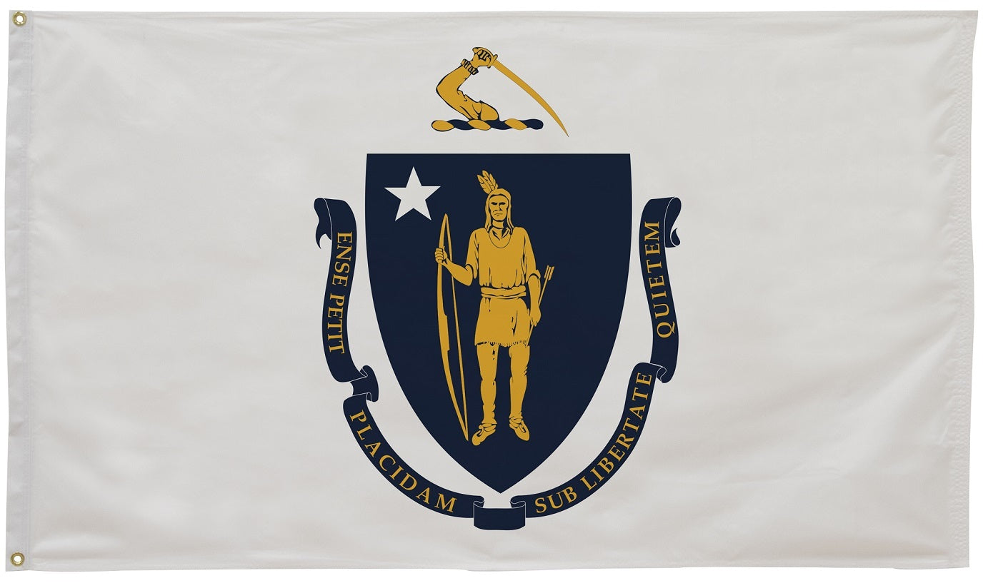 Massachusetts State Flag 3' x 5' Printed Nylon featuring a blue and yellow emblem with a man holding a spear; includes brass grommets for outdoor use.