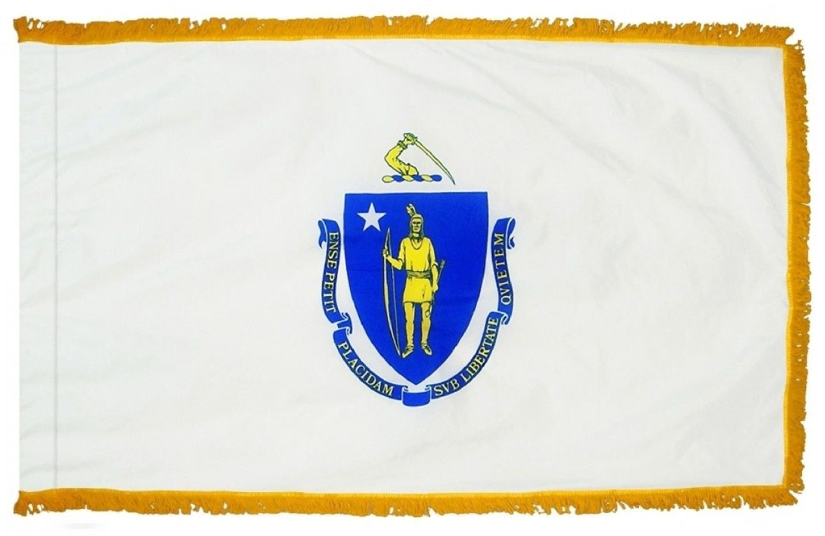 Massachusetts State Flag 4' x 6' INDOOR Printed Nylon featuring a white field with yellow fringe and a central emblem, designed for official state specifications.