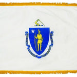 Massachusetts State Flag 4' x 6' INDOOR Printed Nylon featuring a white field with yellow fringe and a central emblem, designed for official state specifications.