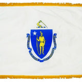 Massachusetts State Flag 4' x 6' INDOOR Printed Nylon featuring a white field with yellow fringe and a central emblem, designed for official state specifications.