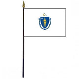 Massachusetts Stick Flag - 4 x 6 Desktop Flag with blue and yellow emblem, mounted on a 10.5 plastic stick with a gold spear finial.