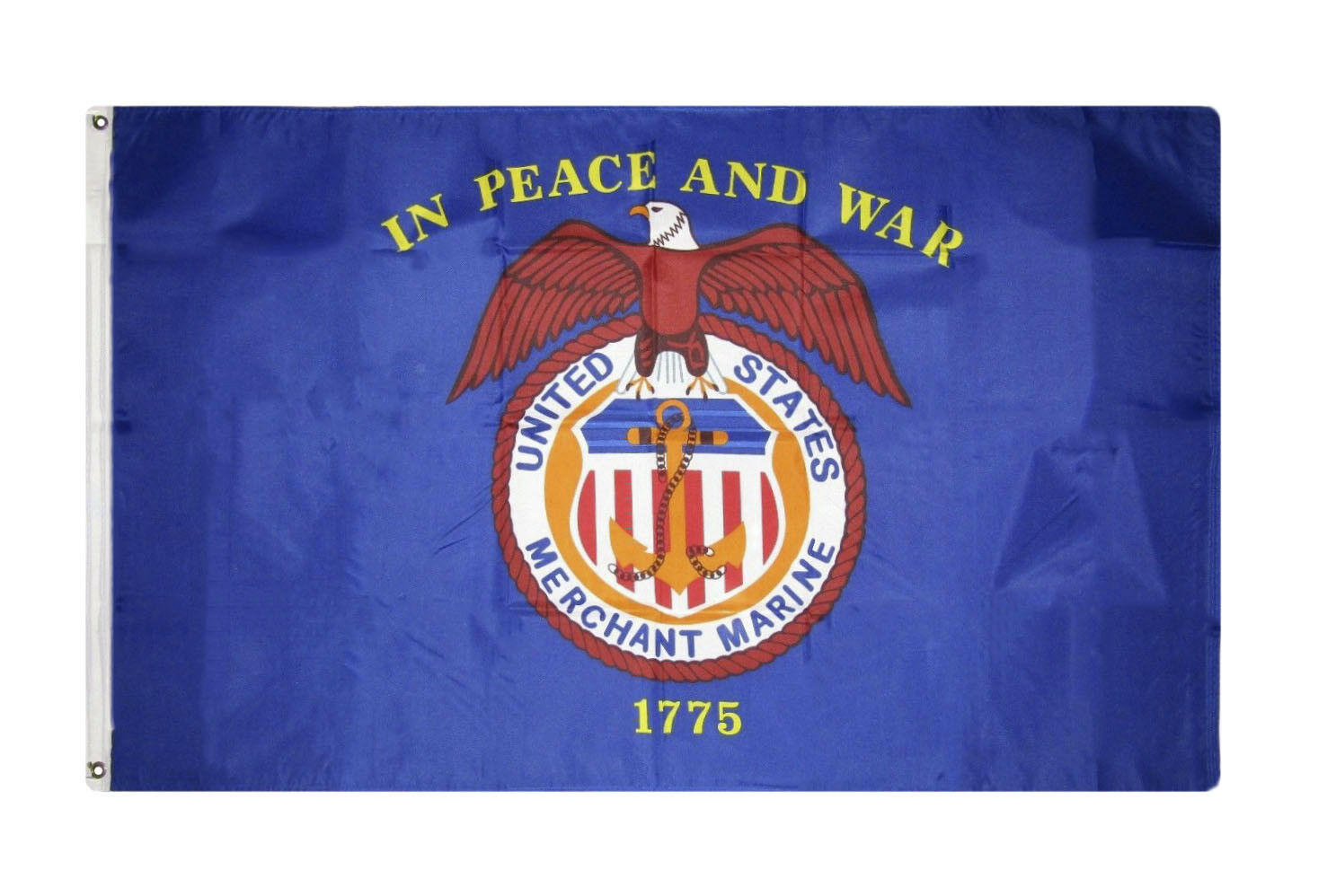 US Merchant Marine Flag Printed Nylon 2' x 3', featuring a red eagle and anchor emblem with yellow text, durable heavyweight nylon, and brass grommets.