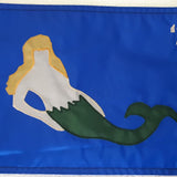 Custom SEWN Applique FLAG featuring a mermaid design on a blue background, showcasing Beaver Flags' craftsmanship in creating personalized, durable flags.