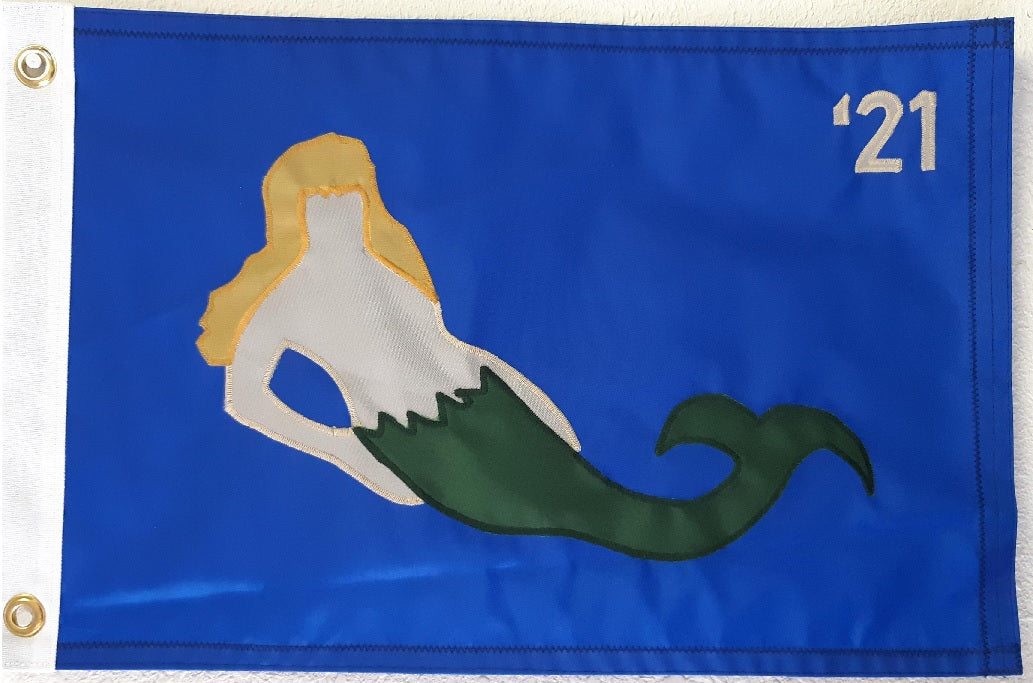 Custom SEWN Applique FLAG featuring a mermaid design on a blue background, showcasing Beaver Flags' craftsmanship in creating personalized, durable flags.