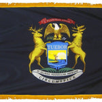 Michigan State Flag 3' x 5' INDOOR Printed Nylon with golden yellow fringe, featuring a yellow wolf and eagle crest on a black background.