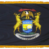 Michigan State Flag 3' x 5' INDOOR Printed Nylon with golden yellow fringe, featuring a yellow wolf and eagle crest on a black background.