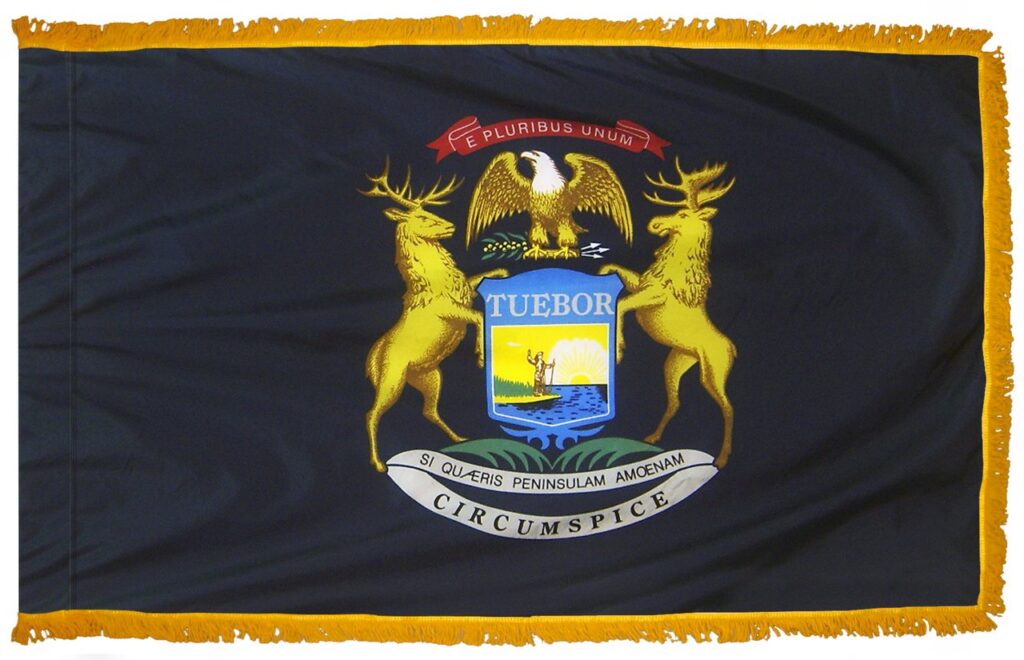 Michigan State Flag 3' x 5' INDOOR Printed Nylon with golden yellow fringe, featuring a yellow wolf and eagle crest on a black background.