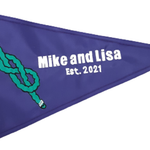 Custom SEWN Applique Wedding Flag featuring a blue triangular design with a knot and white text, made from durable nylon with brass grommets.