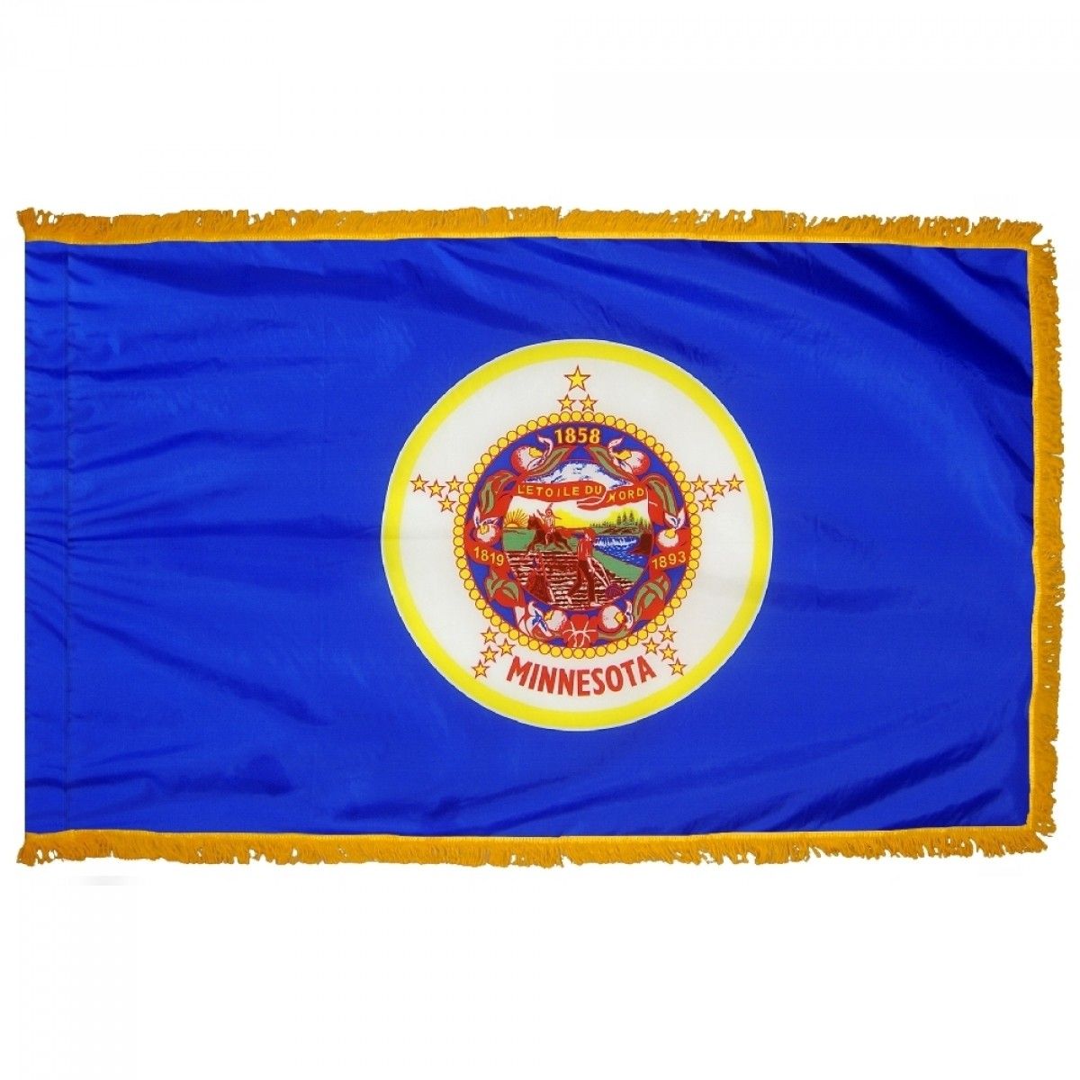 Minnesota State Flag 3' x 5' INDOOR Printed Nylon with yellow fringe, featuring a colorful emblem of a man on a horse and a yellow star.