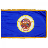 Minnesota State Flag 3' x 5' INDOOR Printed Nylon with yellow fringe, featuring a colorful emblem of a man on a horse and a yellow star.