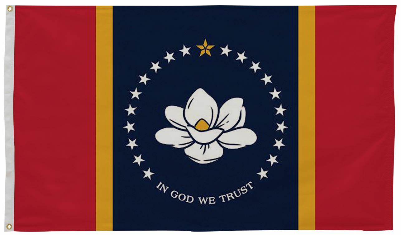 Mississippi State Flag 4' x 6' Printed Nylon with a white flower and yellow center, strong canvas header, and brass grommets for outdoor use.