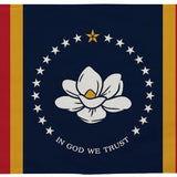 Mississippi State Flag 4' x 6' Printed Nylon with a white flower and yellow center, strong canvas header, and brass grommets for outdoor use.