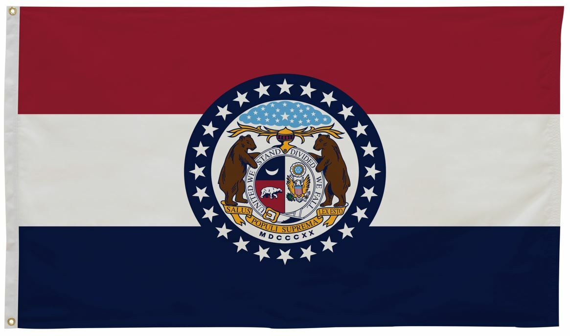 Missouri State Flag 5' x 8' Printed Nylon with emblem of three bears in the center, featuring brass grommets and strong canvas header for outdoor use.