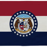 Missouri State Flag 5' x 8' Printed Nylon with emblem of three bears in the center, featuring brass grommets and strong canvas header for outdoor use.