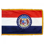 Missouri State Flag 4' x 6' INDOOR Printed Nylon with crimson diagonal cross, white background, and emblem featuring bears and stars. Contains flannel-lined pole sleeve and yellow fringe.