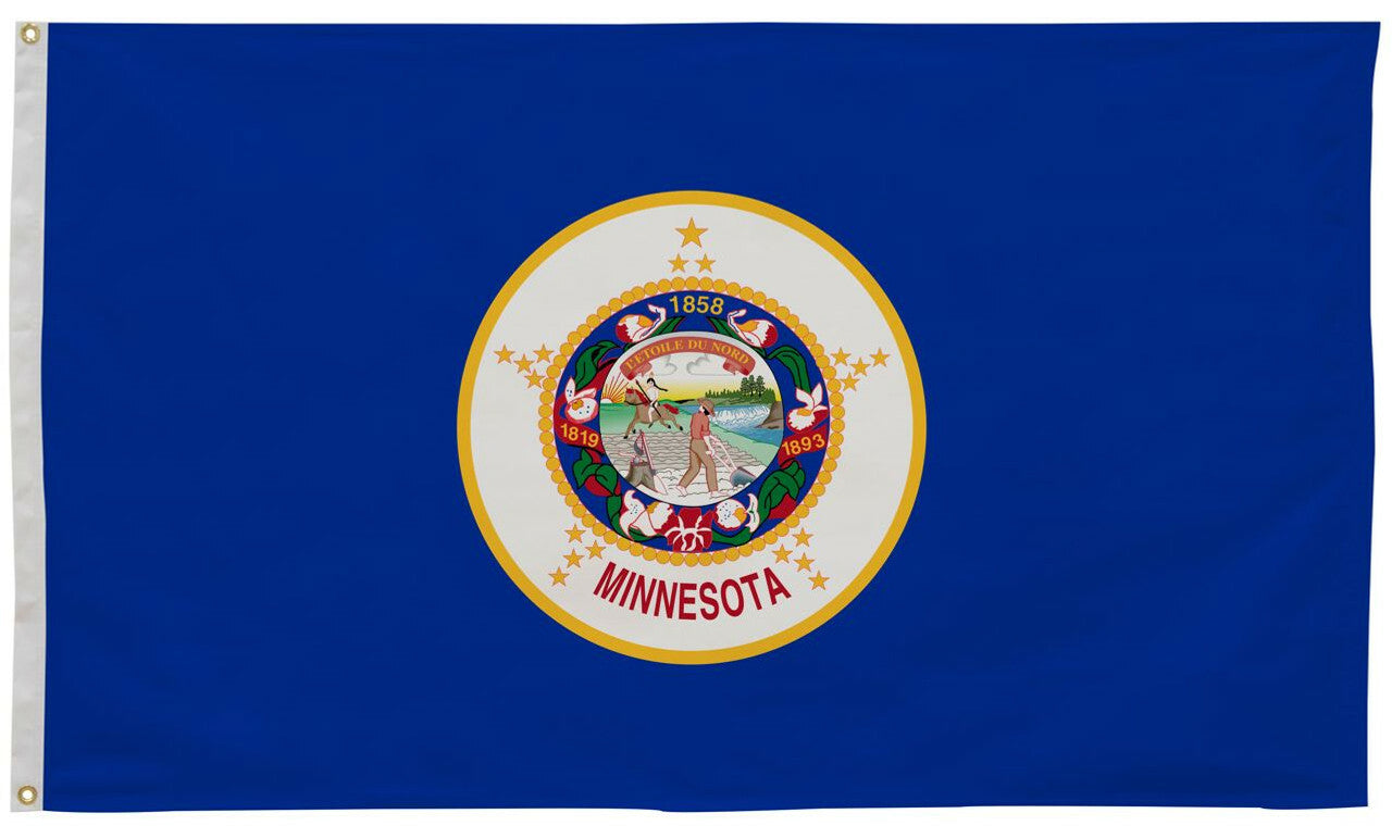 Minnesota State Flag 12 x 18 Printed Nylon, featuring a blue background, white circle, and colorful emblem in the center, with brass grommets for outdoor use.