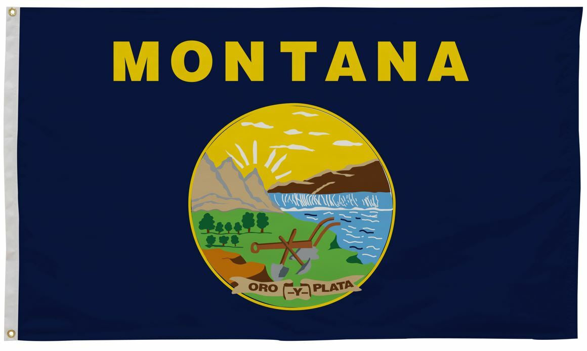 Montana State Flag 5' x 8' Printed Nylon featuring circular landscape design, strong canvas header, two brass grommets, UV resistant, single-sided, outdoor use.