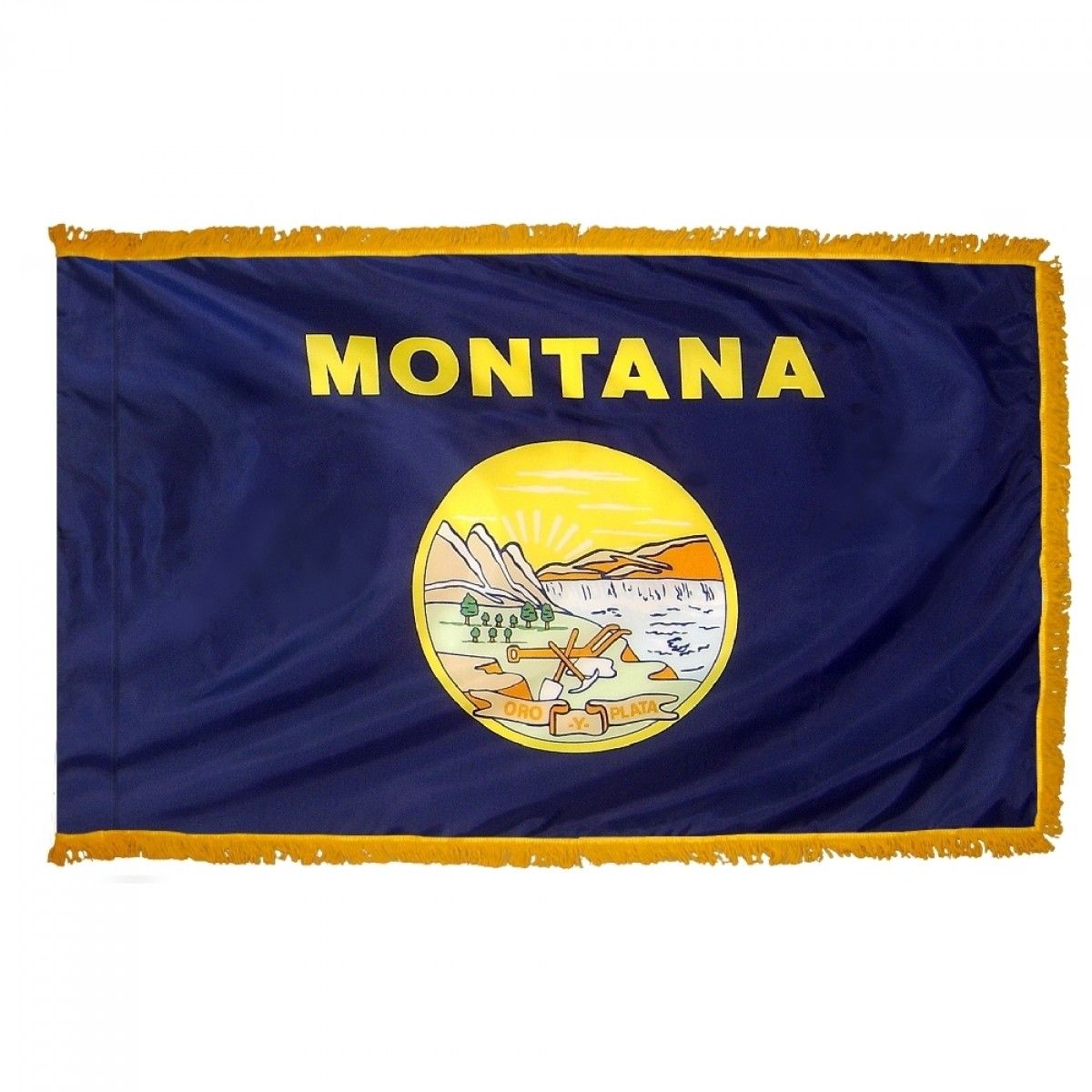 Montana State Flag 3' x 5' INDOOR Printed Nylon with yellow fringe, featuring a yellow circle emblem of a beach and river, and blue background with yellow text.