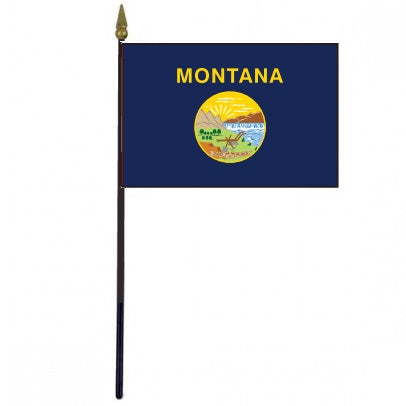 Montana Stick Flag - 4 x 6 Desktop Flag, featuring a landscape logo on a blue background, mounted on a 10.5 stick with a gold spear finial.