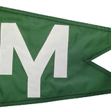 Custom SEWN Applique BURGEE featuring a green pennant with a white letter, crafted from double-layered 200 denier nylon with brass grommets for durability.