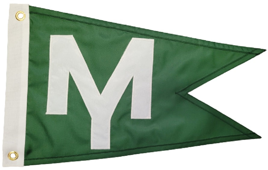 Custom SEWN Applique BURGEE featuring a green pennant with a white letter, crafted from double-layered 200 denier nylon with brass grommets for durability.