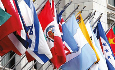 Complete Set of 193 UN Member Nation's Flags 3' x 5' Nylon displayed on poles and walls, showing close-ups of flags made with Solarguard Heavyweight Nylon.