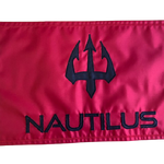 Custom SEWN Applique FLAG featuring black text and logo on red fabric, crafted from UV resistant nylon with strong header and brass grommets.