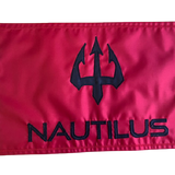 Custom SEWN Applique FLAG featuring black text and logo on red fabric, crafted from UV resistant nylon with strong header and brass grommets.