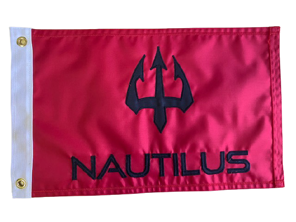 Custom SEWN Applique FLAG featuring black text and logo on red fabric, crafted from UV resistant nylon with strong header and brass grommets.