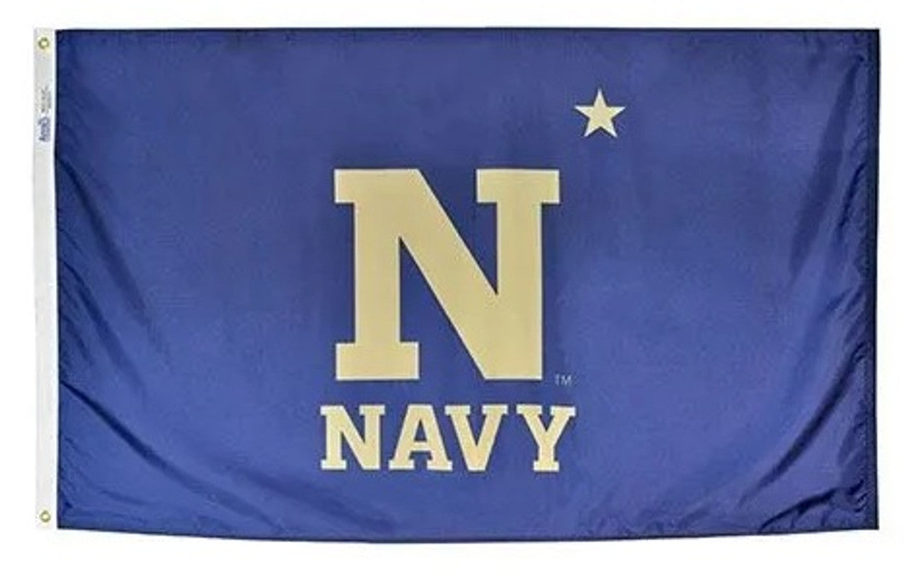 US Naval Academy Logo Flag with a white N on blue background, featuring a strong canvas header and brass grommets.