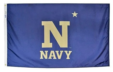 US Naval Academy Logo Flag Printed Nylon 3' x 5' featuring a white 'N' on a blue background; includes strong canvas header and brass grommets.