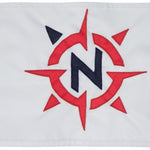 Custom SEWN Applique FLAG featuring a red and blue logo on white fabric, showcasing strong header and brass grommets.