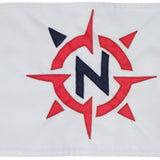 Custom SEWN Applique FLAG featuring a red and blue logo on white fabric, showcasing strong header and brass grommets.