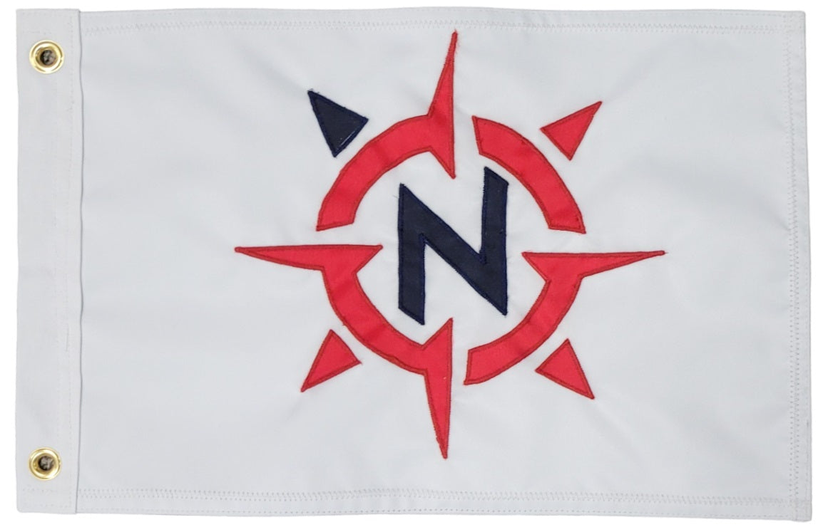 Custom SEWN Applique FLAG featuring a red and blue logo on white fabric, showcasing strong header and brass grommets.