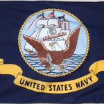 US Navy Flag Printed Nylon 12 x 18 featuring the Navy Seal above a yellow scroll with United States Navy text, set against a dark blue background.