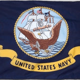 US Navy Flag Printed Nylon 12 x 18 featuring the Navy Seal above a yellow scroll with United States Navy text, set against a dark blue background.