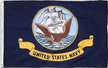 US Navy Flag Printed Nylon 12 x 18 featuring the Navy Seal above a yellow scroll with United States Navy text, set against a dark blue background.