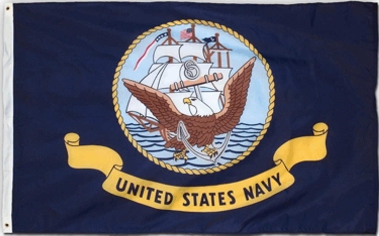 US Navy Flag Printed with a white eagle and yellow ribbon, featuring the Seal of the Department of the Navy on a dark blue background.