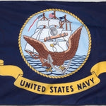 US Navy Flag Printed with a white eagle and yellow ribbon, featuring the Seal of the Department of the Navy on a dark blue background.