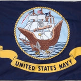 US Navy Flag Printed with a white eagle and yellow ribbon, featuring the Seal of the Department of the Navy on a dark blue background.