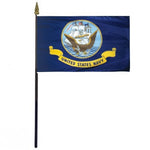 US Navy Stick Flag 4 x 6 Desktop Flag featuring a gold emblem, mounted on a 10.5 plastic stick with a gold spear finial.