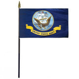 US Navy Stick Flag 4 x 6 Desktop Flag featuring a gold emblem, mounted on a 10.5 plastic stick with a gold spear finial.