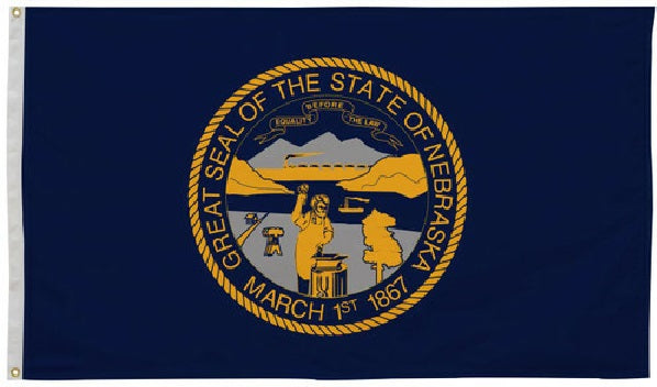 Nebraska State Flag 12 x 18 Printed Nylon, featuring a blue and yellow state seal, strong canvas header, and brass grommets for outdoor use.