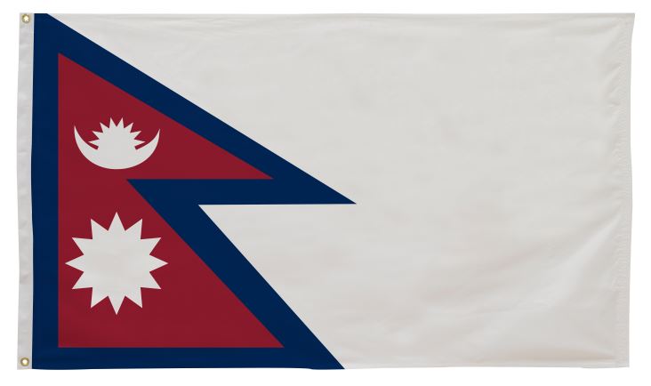 Nepal Flag Printed Nylon 3' x 5' with red and blue triangles, white stars, and strong canvas header with brass grommets, suitable for indoor or outdoor use.