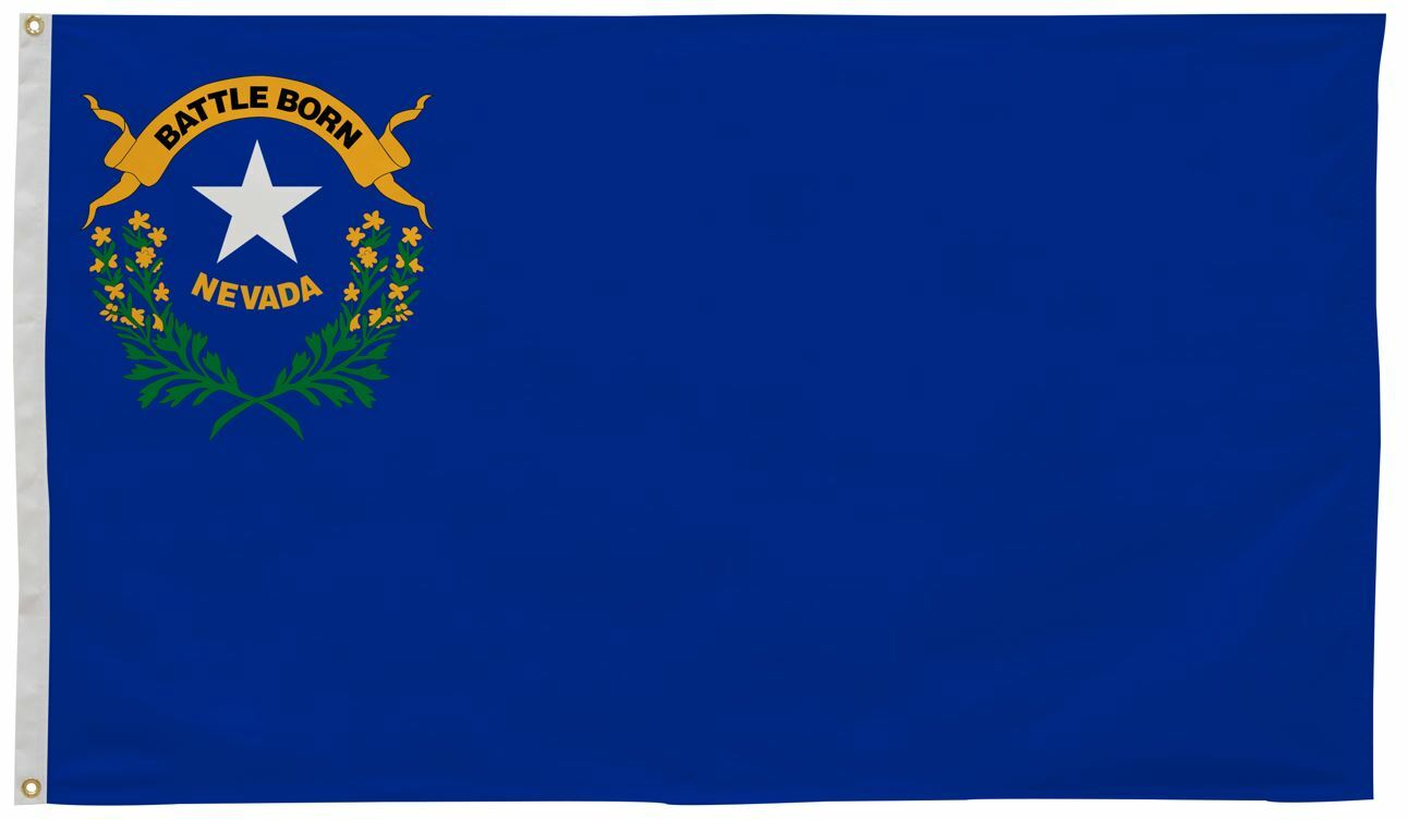 Nevada State Flag 4' x 6' Printed Nylon featuring a blue field, white star, and yellow circle with white star. Durable with brass grommets for outdoor use.