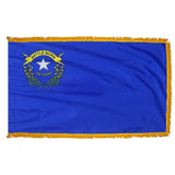 Nevada State Flag 4' x 6' INDOOR Printed Nylon with white star and yellow fringe, featuring NYL-GLO Nylon, flannel lined pole sleeve, and Velcro tabs.