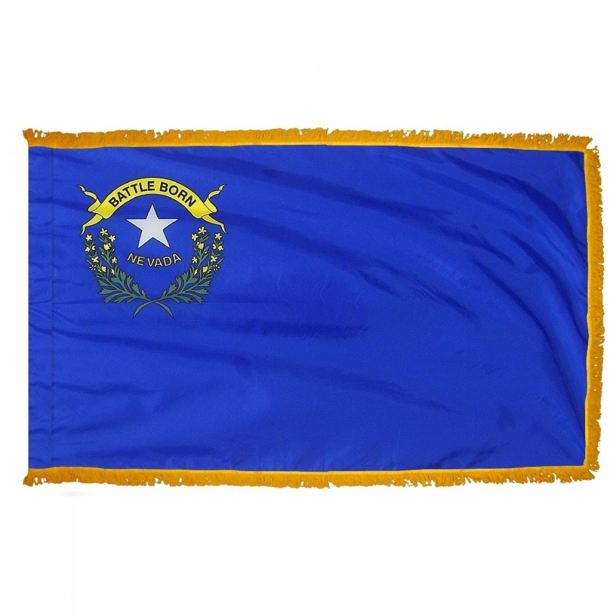 Nevada State Flag 3' x 5' INDOOR Printed Nylon with a white star on a blue background, yellow fringe, and Velcro tabs for pole attachment.