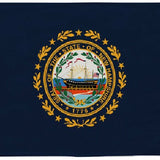 New Hampshire State Flag 4' x 6' Printed Nylon featuring a ship in a gold circle, strong canvas header, brass grommets, and UV-resistant nylon.