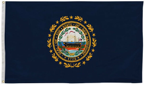 New Hampshire State Flag 4' x 6' Printed Nylon featuring a ship in a gold circle, strong canvas header, brass grommets, and UV-resistant nylon.